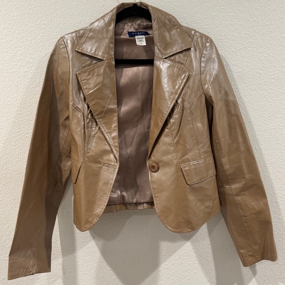 Vintage Guess Jeans 100% Leather Shiny Tan Collared Y2K Jacket Size Large - Picture 2 of 13